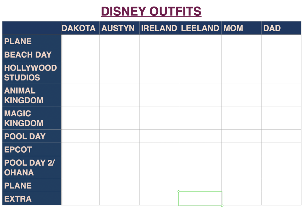 disney outfit spreadsheet